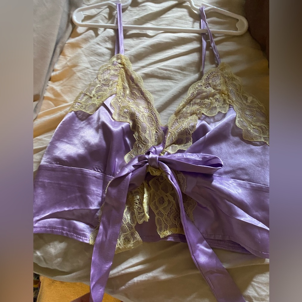 purple silk lace up top